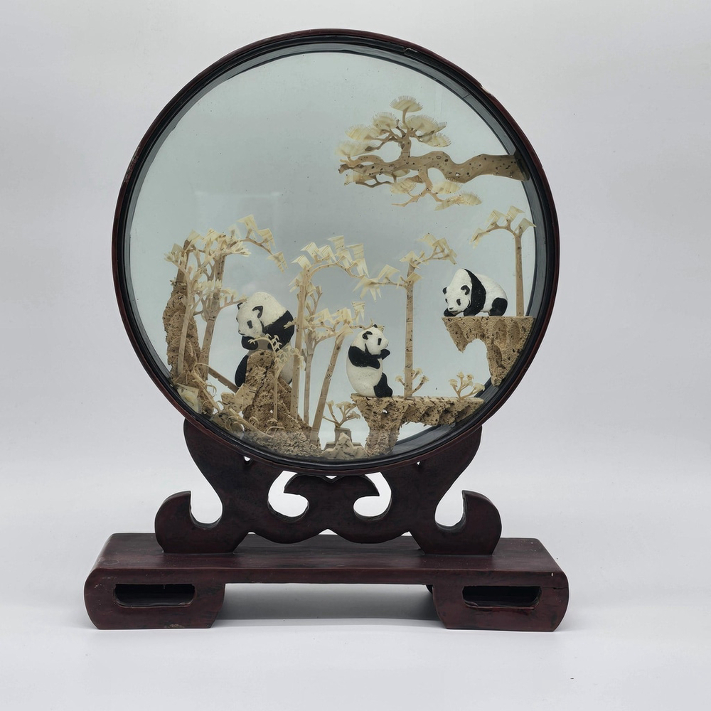 Vintage Chinese Cork Carving Panda Diorama Glass Display